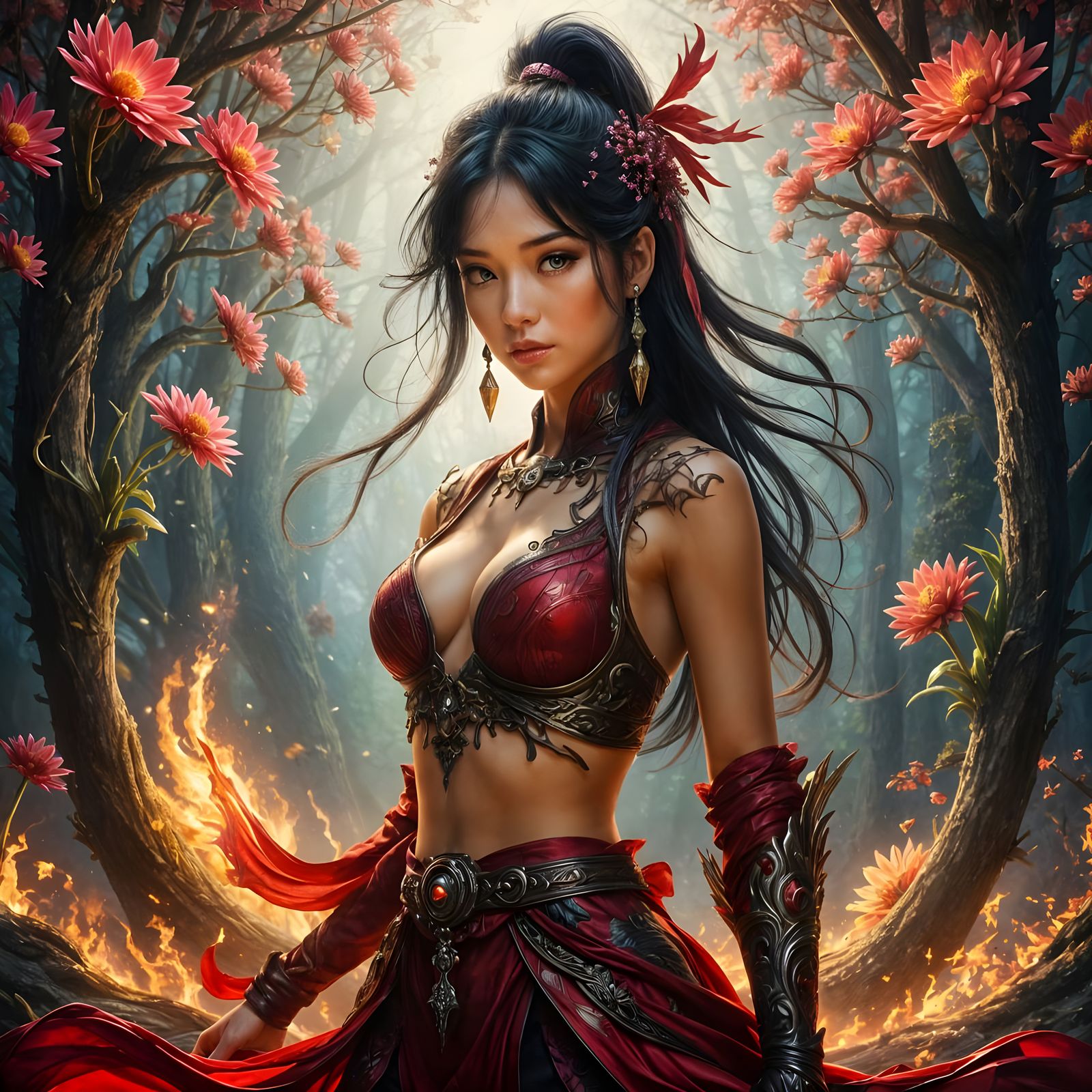 Fiery Asian Woman in Mystical Forest, Art Nouveau Style