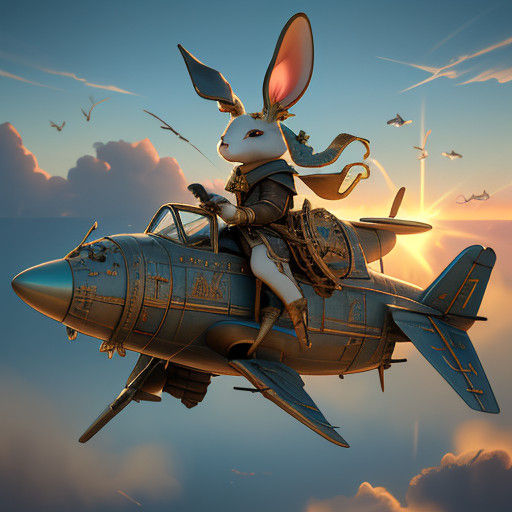 Whimsical Rabbit Soars in Steampunk Flying Machine