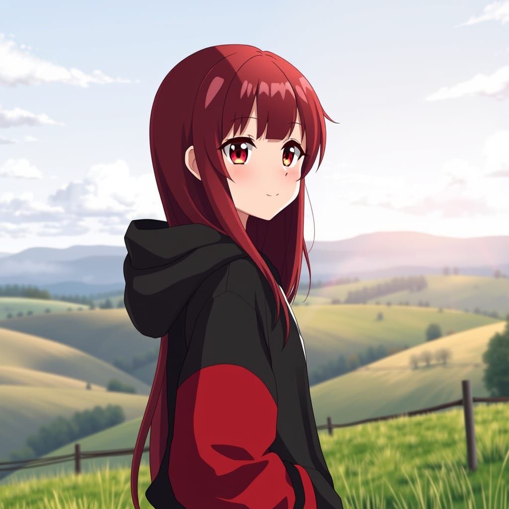 Serene Countryside Anime Girl with Dark Crimson Hair