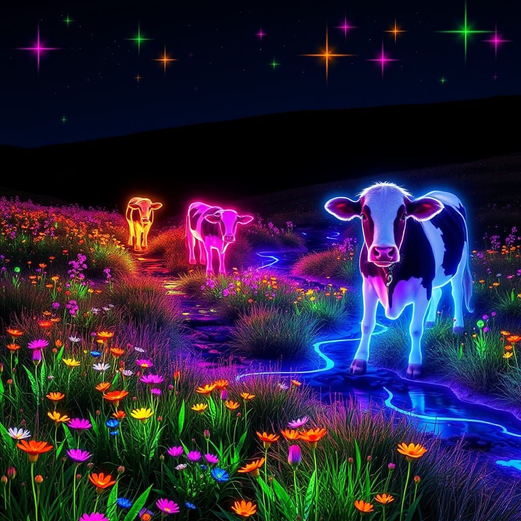 Fluorescent Meadow with Neon Cows and Stars
