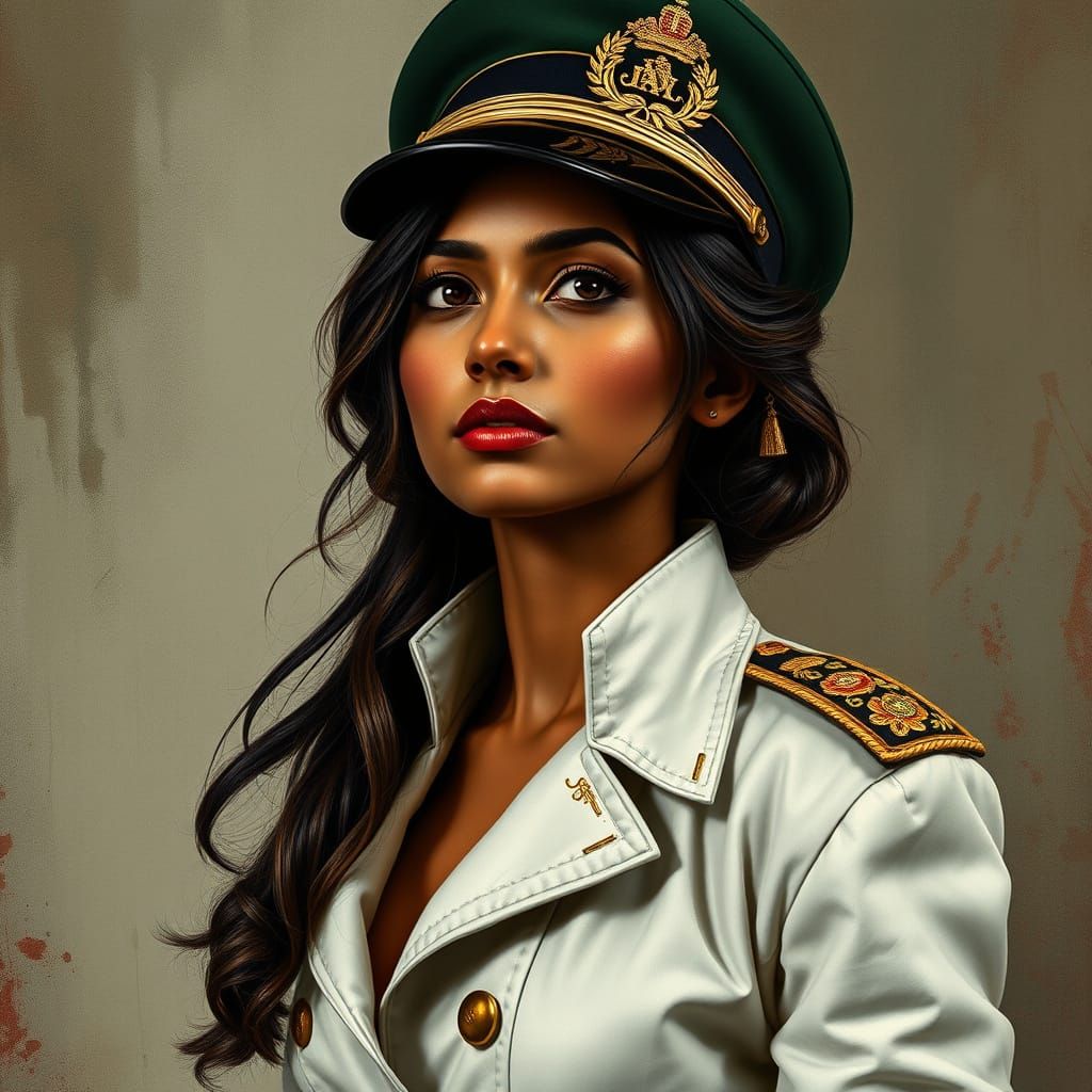 Indian Woman in Ornate Military Uniform Portrait