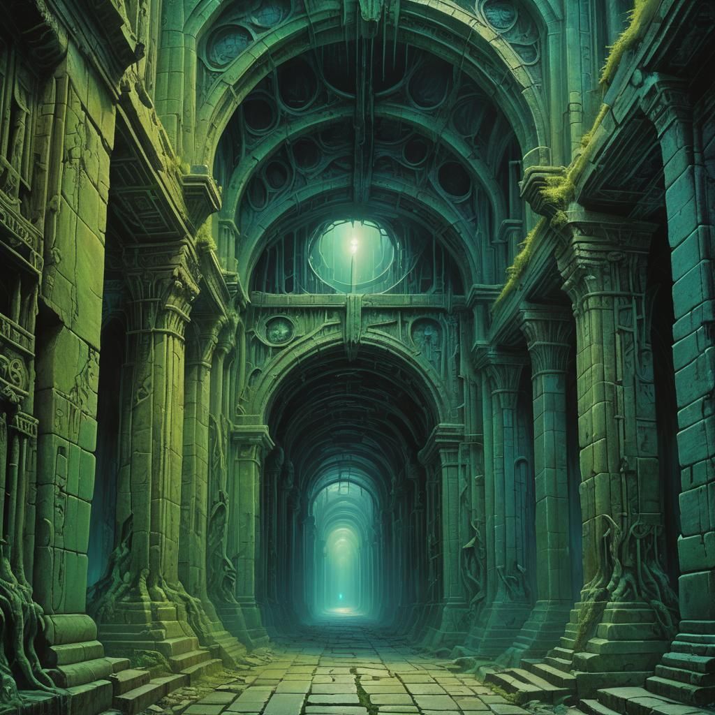 Eerie Gothic Passageway Concept Art in Emerald and Indigo