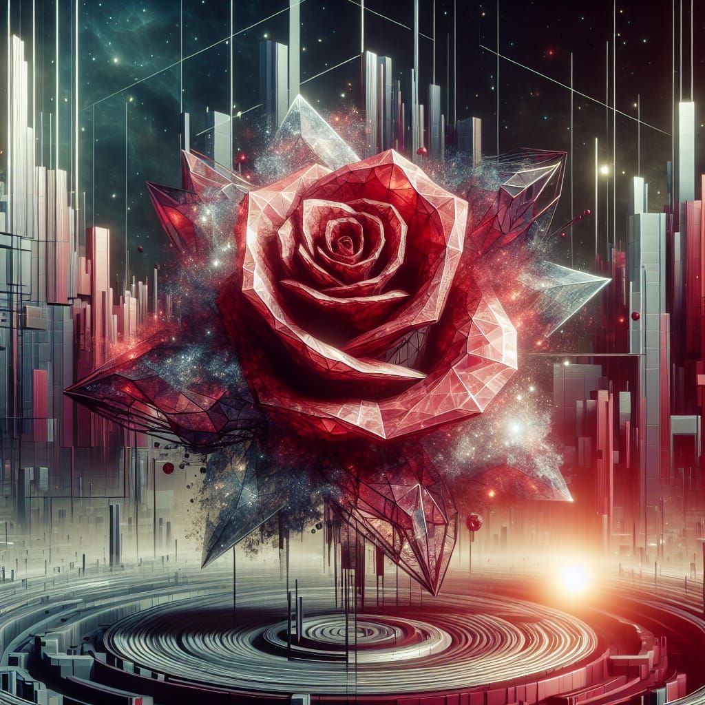 Celestial Glitch Rose Sculpture on Alien Planet