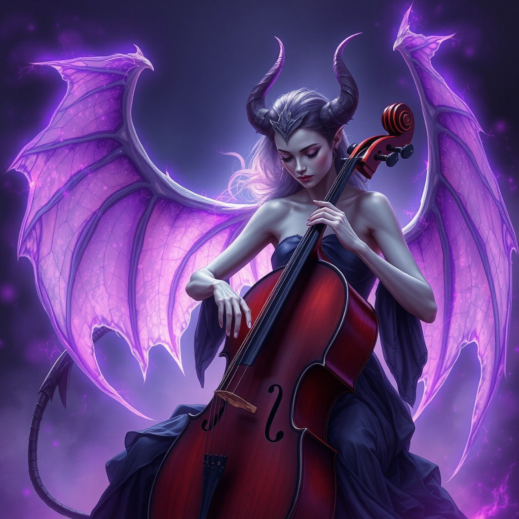Ethereal Demon Woman Plays Cello with Fairy Wings