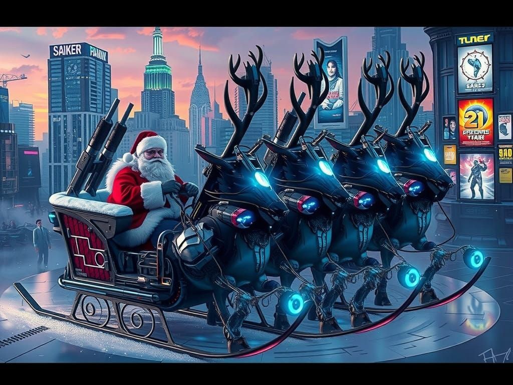Cyberpunk Reindeer Sleigh Plows Through Dystopian City