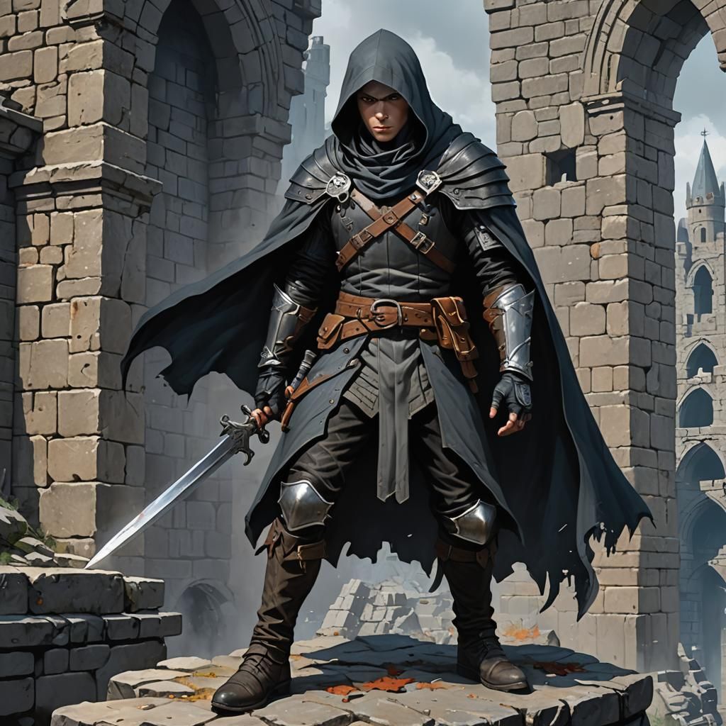 Rogue on Castle Ruins in Mignola Style