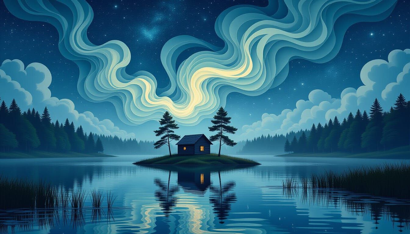 Surreal Night Lake with Smoke Fractal & Island Shack