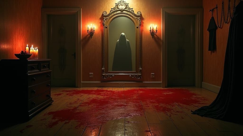 Eerie Dark Room Mirror Reflects Ghostly Figure