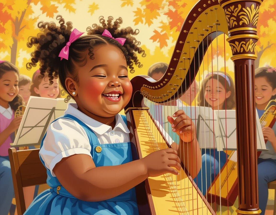 Joyful Girl Plays Harp at Fall Festival Concert