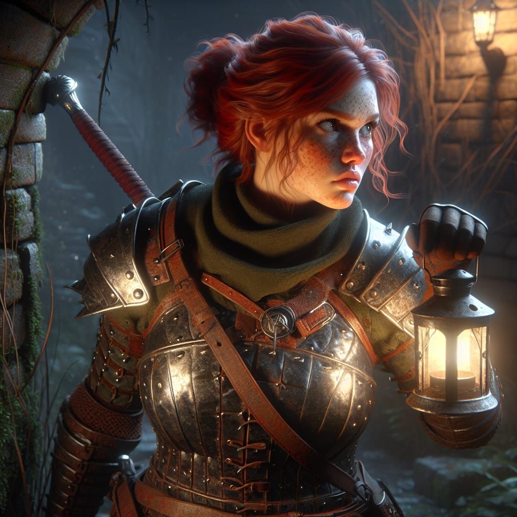 Fantasy Portrait of Redhead Explorer in Dark Ruins