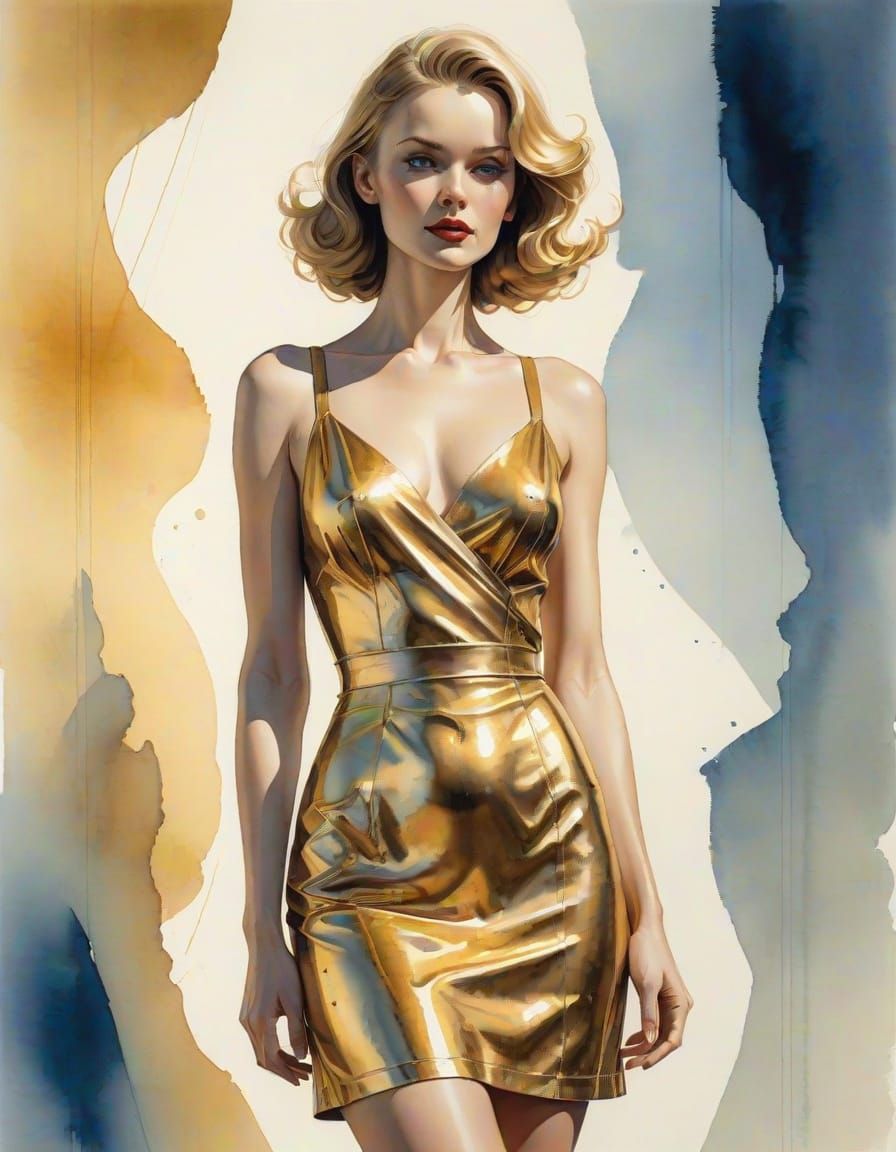 Woman in Gold Dress with Blueprint Linework and Watercolor W...