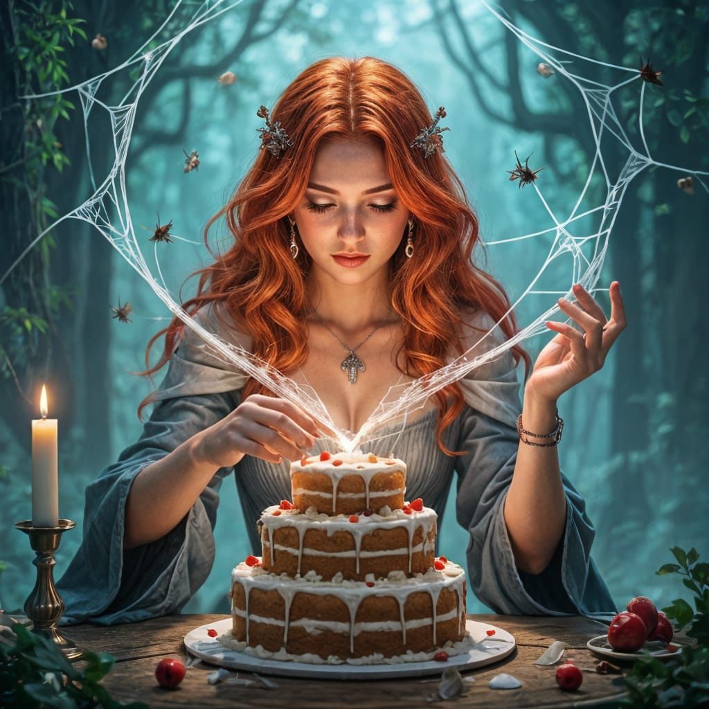 Red Haired Sorceress Crafts Cake with Magic Spider Webs