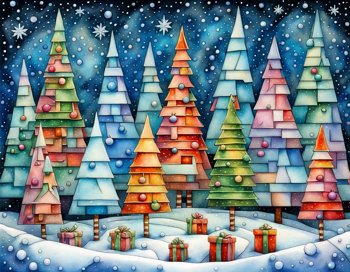 Surreal Christmas Scene in Vibrant Cubist Style