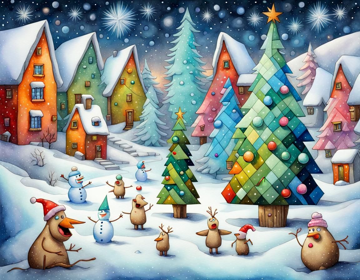 Cubist Christmas Wonderland in Vibrant Aquarelle Style