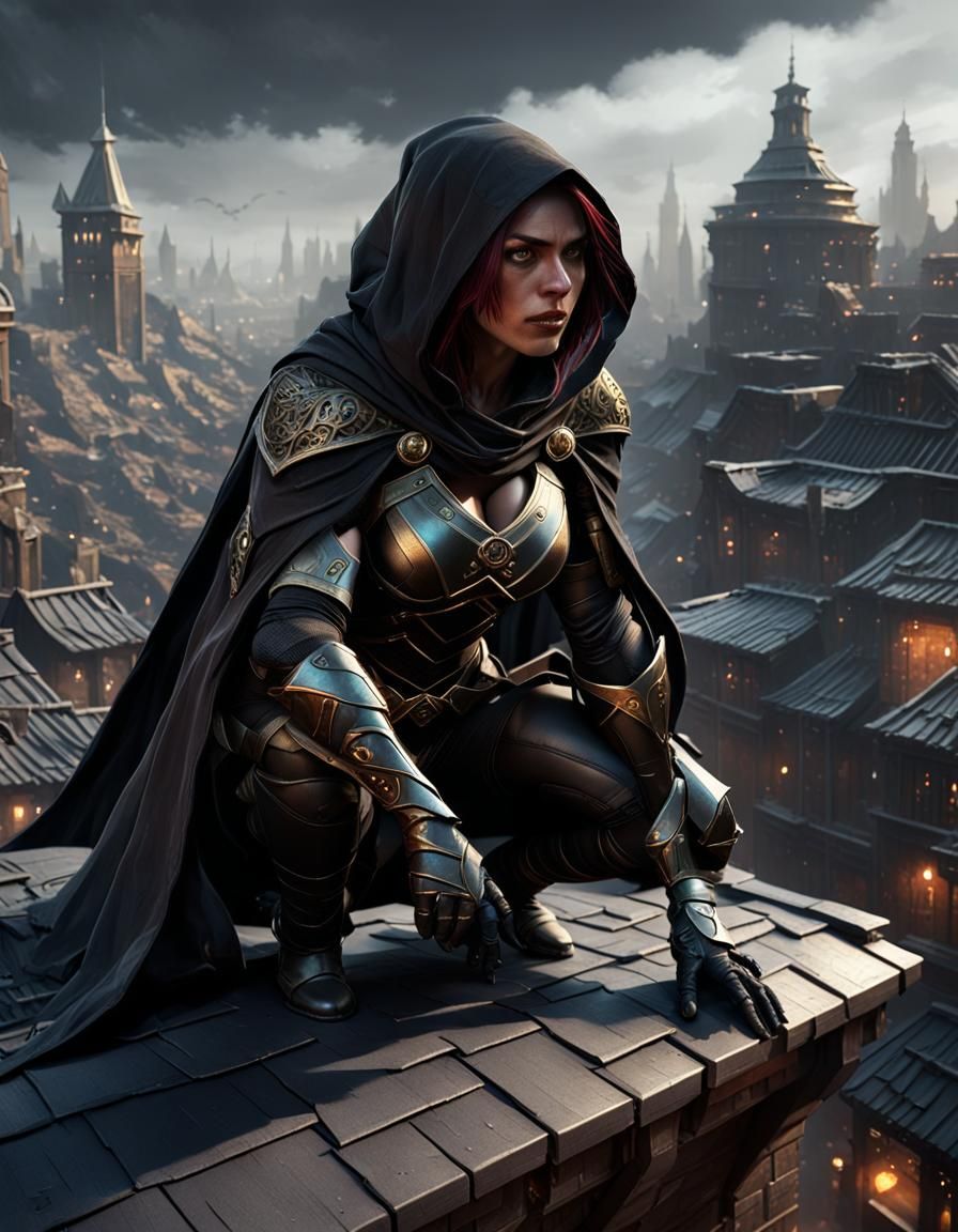 Hyperdetailed Female Thief Hiding on Rooftop