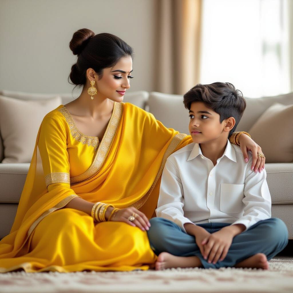 Indian Woman in Yellow Silk Seated with Boy