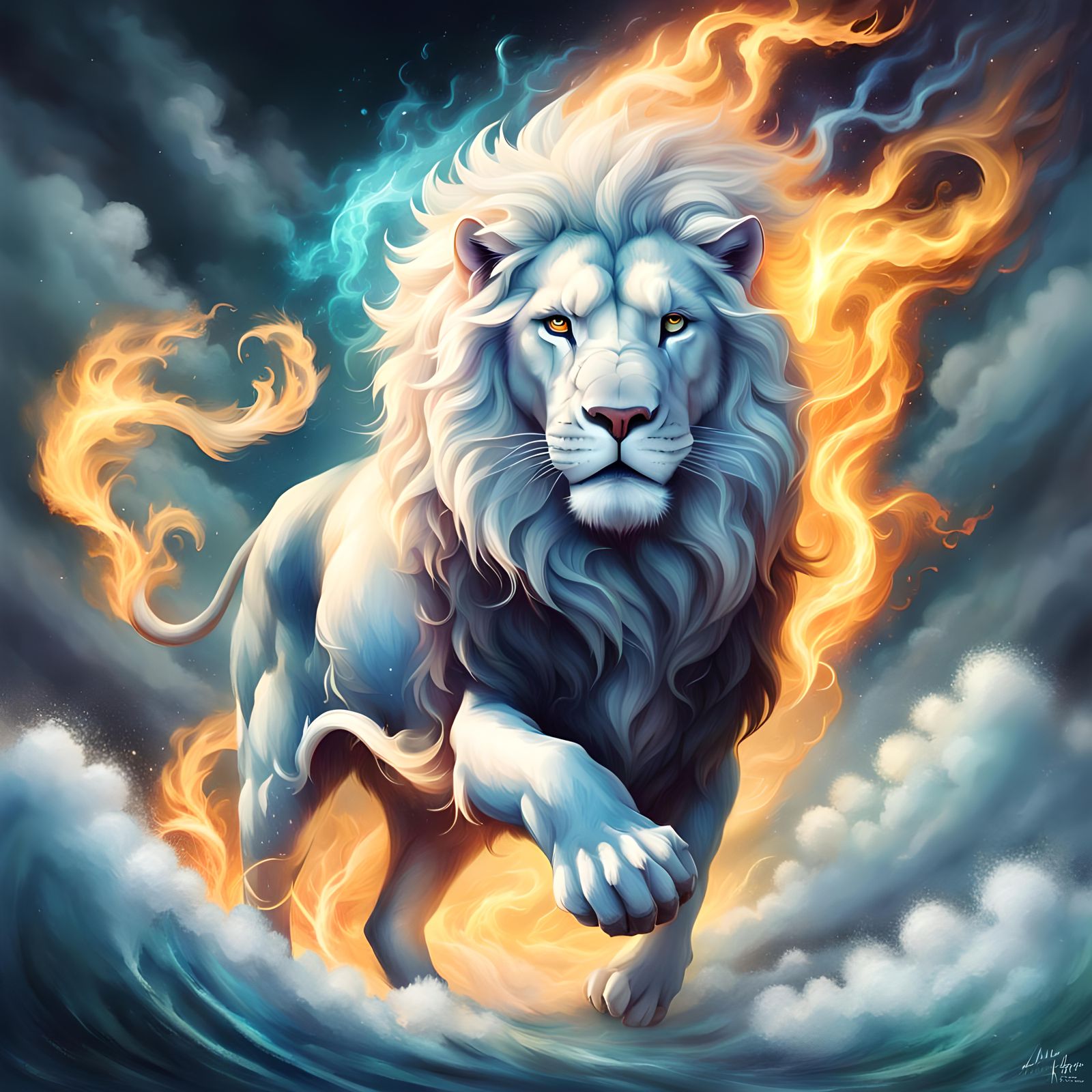 Majestic White Lion Leaping Through Magical Tome