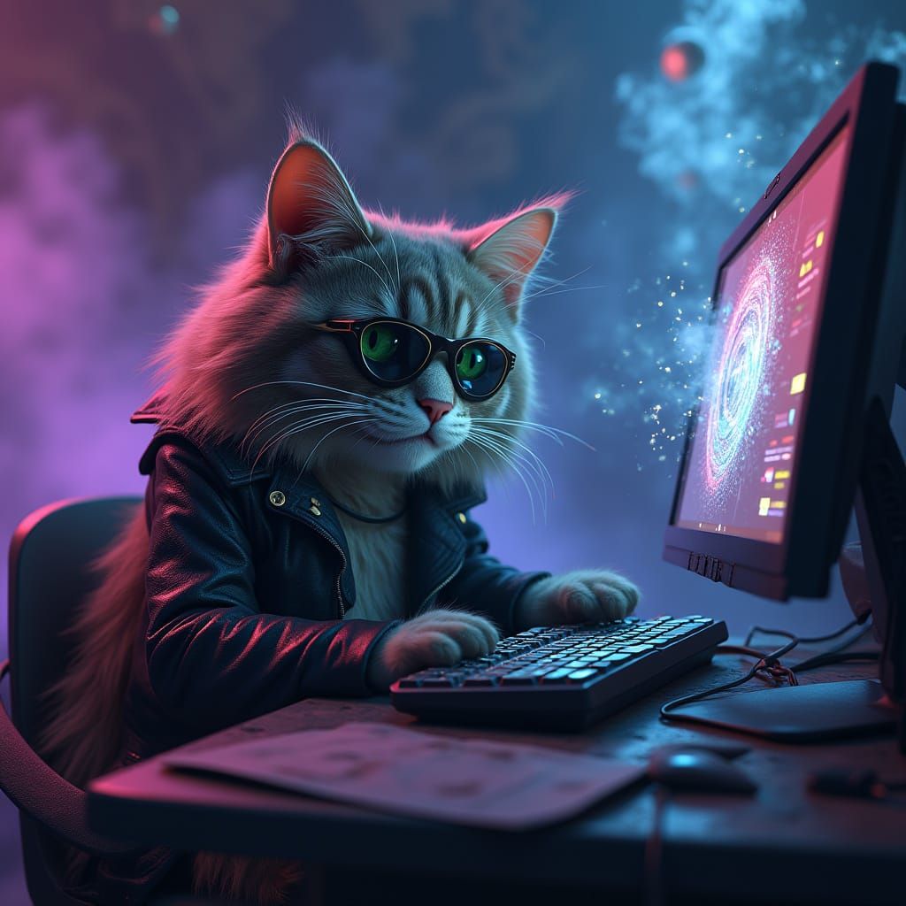 Cyberpunk Cat Hacking into a Futuristic System