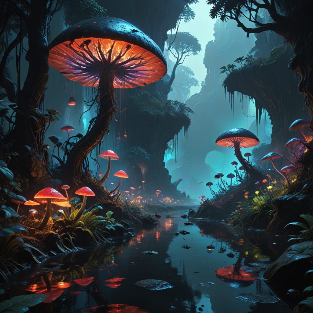 Bioluminescent Alien Jungle in Surreal Dark Fantasy Style
