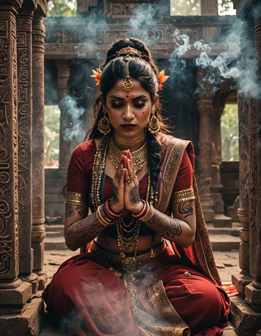 Indian Priestess in Mystical Temple: Cinematic Image