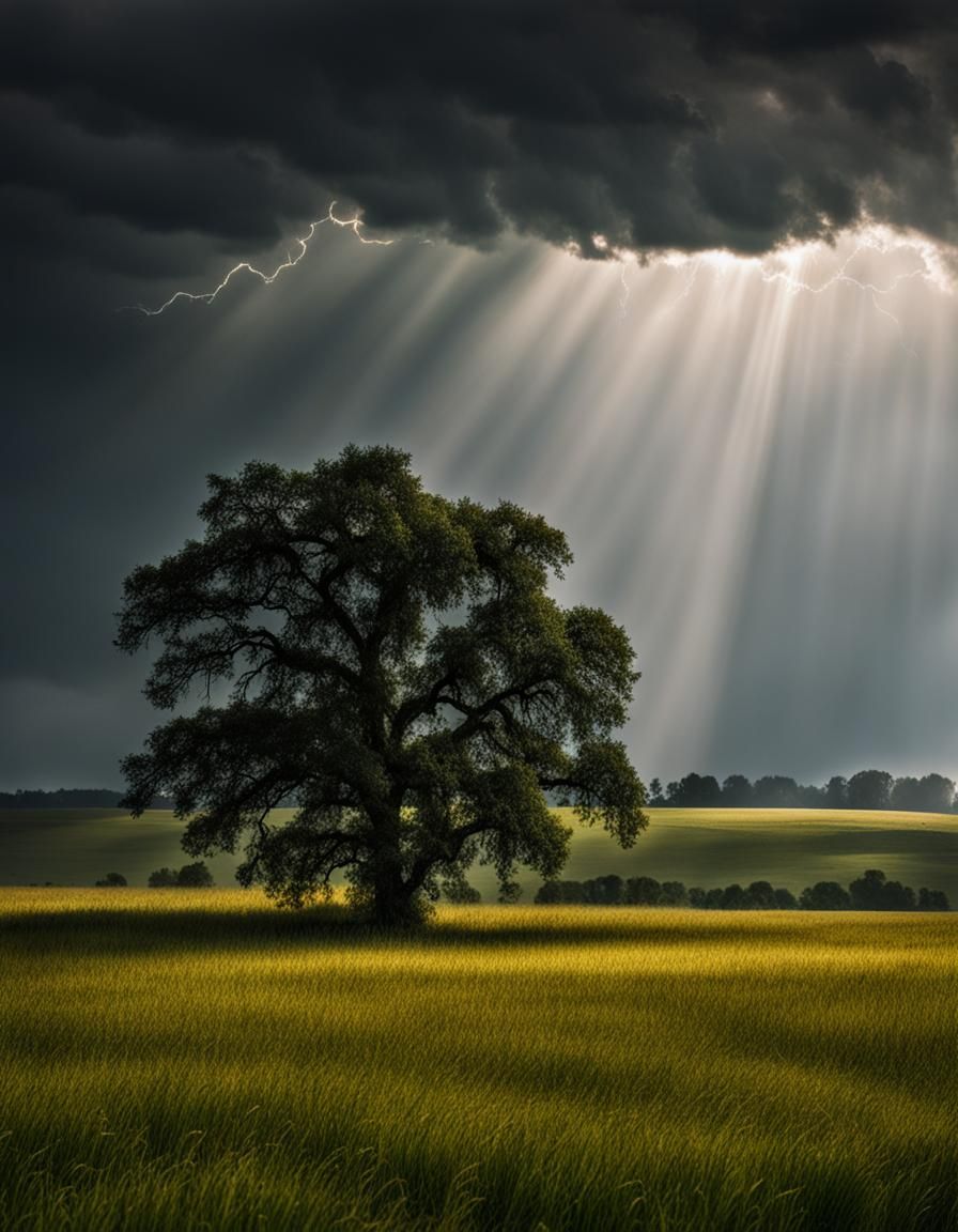 Rainstorm Over Field with Tree and Sunrays