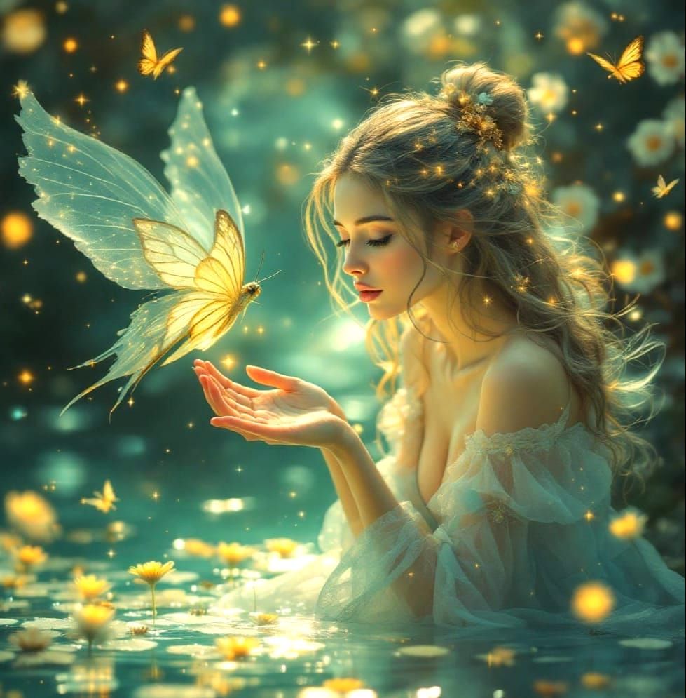 Ethereal Fairy Hovers Over Mystical Pond in Soft Teal Hues