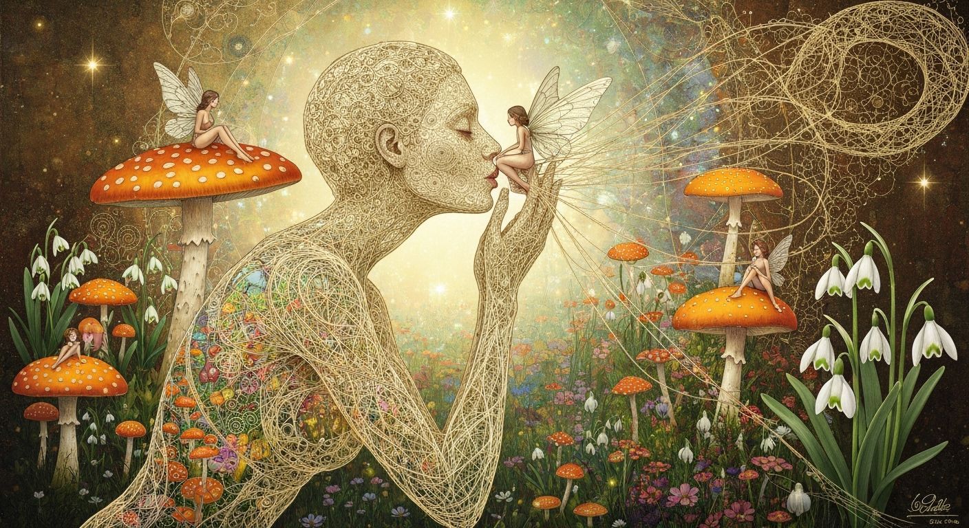 Filigree Woman Kisses Surreal Garden in Klimt & Haeckel Styl...