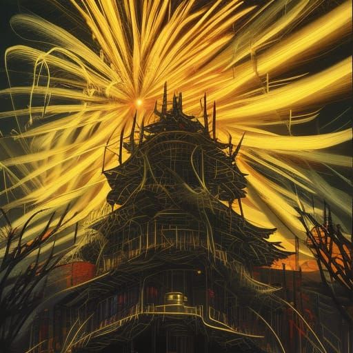 Fantasy Japan Fireworks in Aetherpunk Style