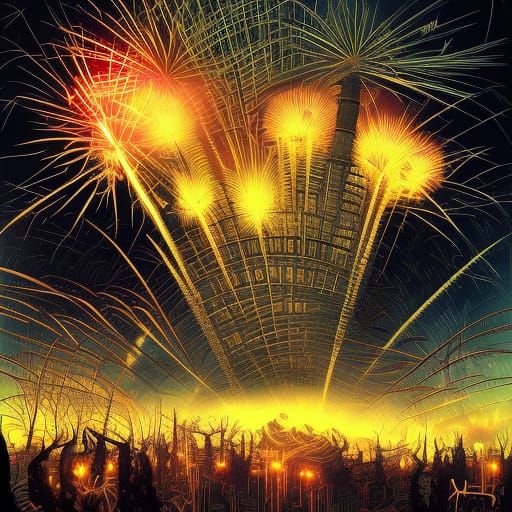 Fantasy Japan Fireworks in Expressionist Style