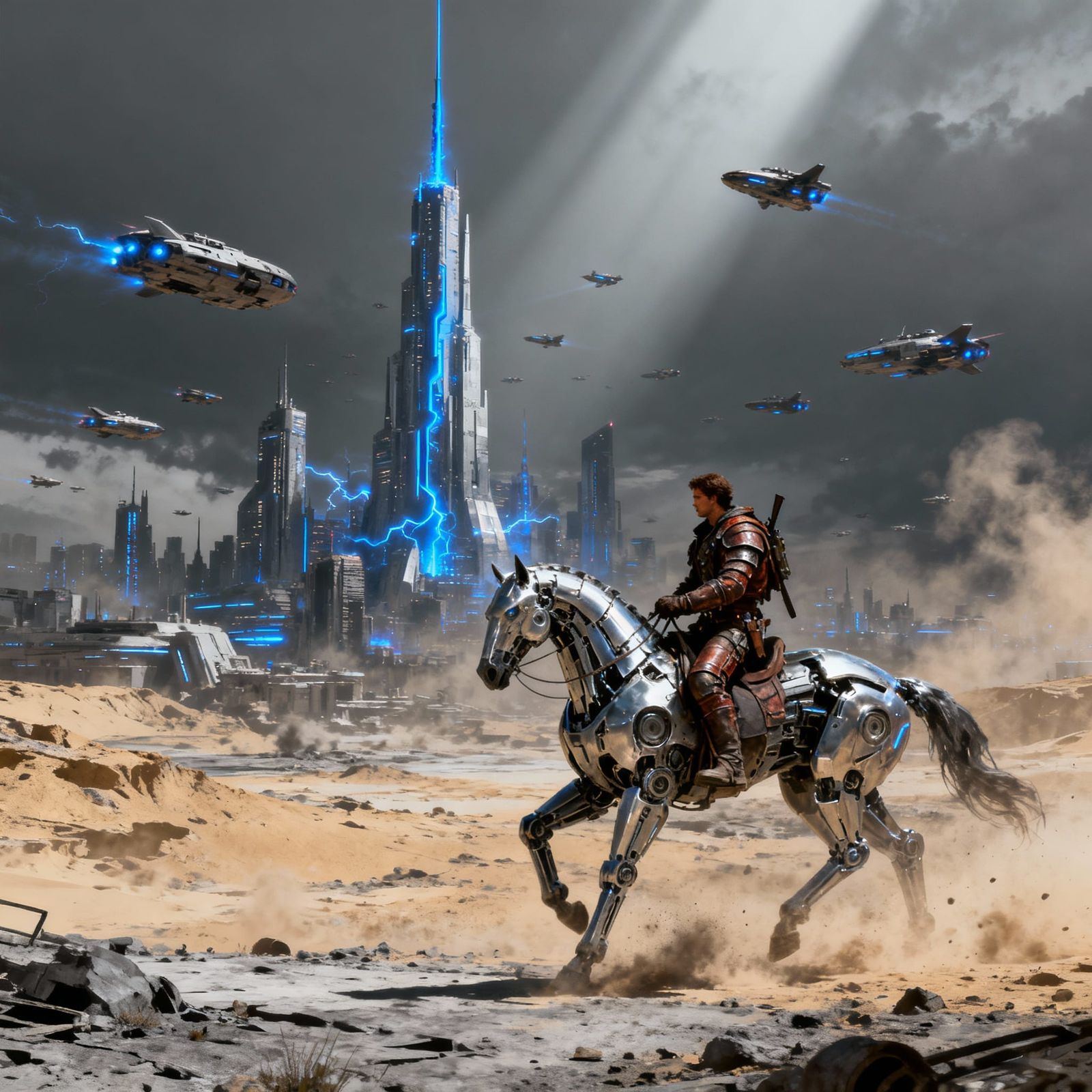 Bounty Hunter Rides Robotic Horse to Futuristic City
