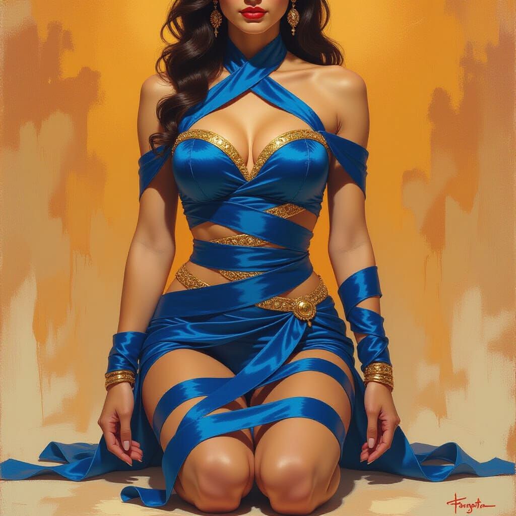 Woman in Blue Ribbons: Fantasy Oil Painting
