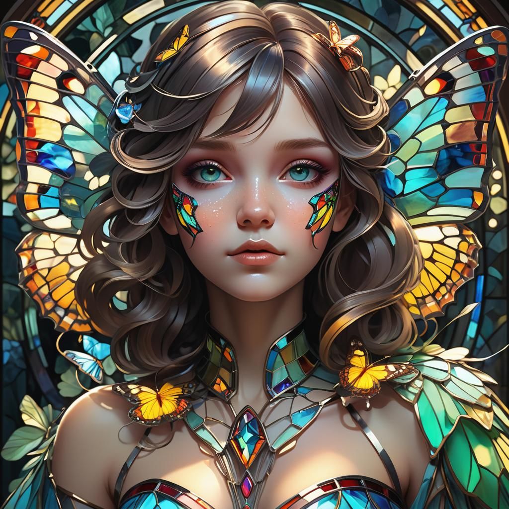 Stained Glass Butterfly Portrait in Art Nouveau Style