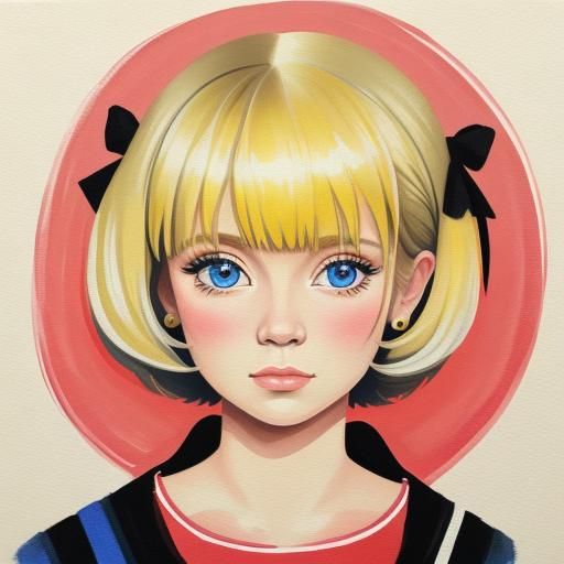 Cute Blonde Girl in Gouache Painting