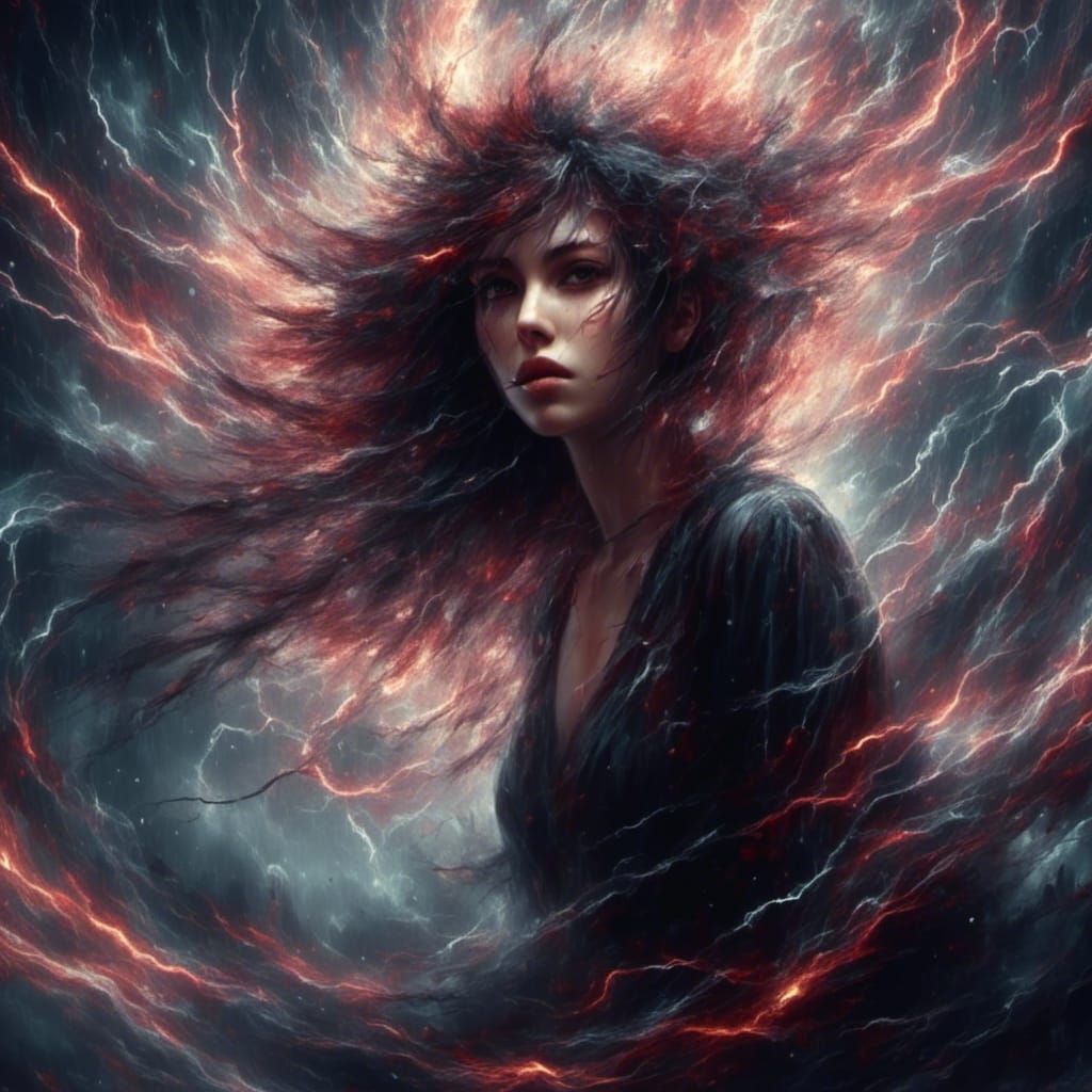 Attractive Witch in a Wild Storm, Hyperrealistic HDR