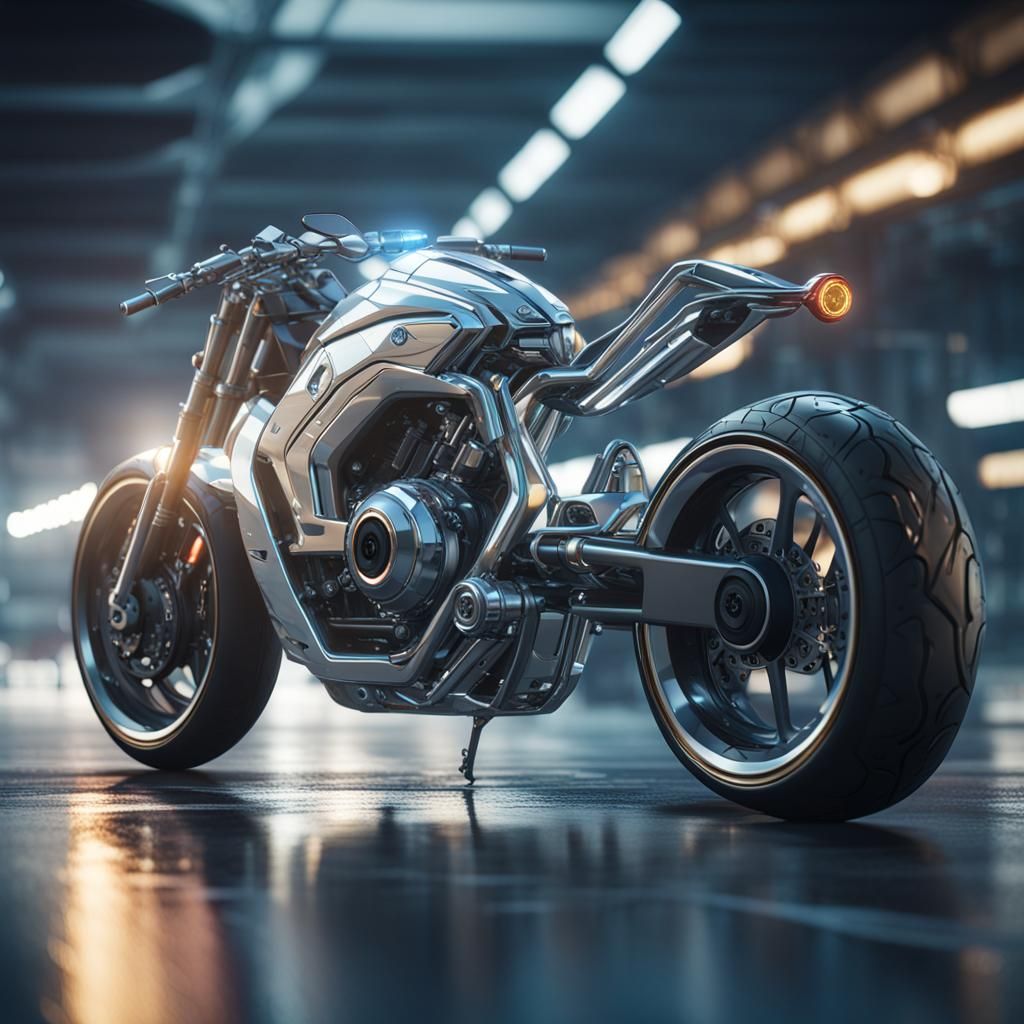 Futuristic Silver Bike in 3D Game Cinematic Style
