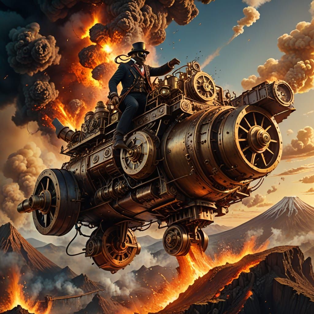 Steampunk Pilot Flying Over Erupting Volcano