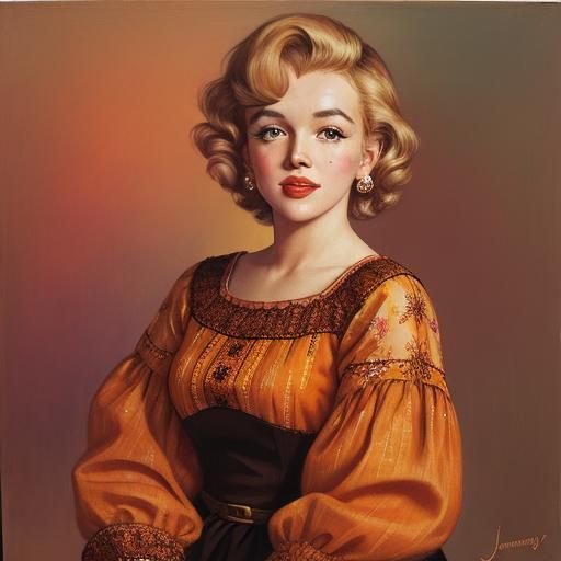 Brown-Haired Woman in Embroidered Dress, Oil Painting