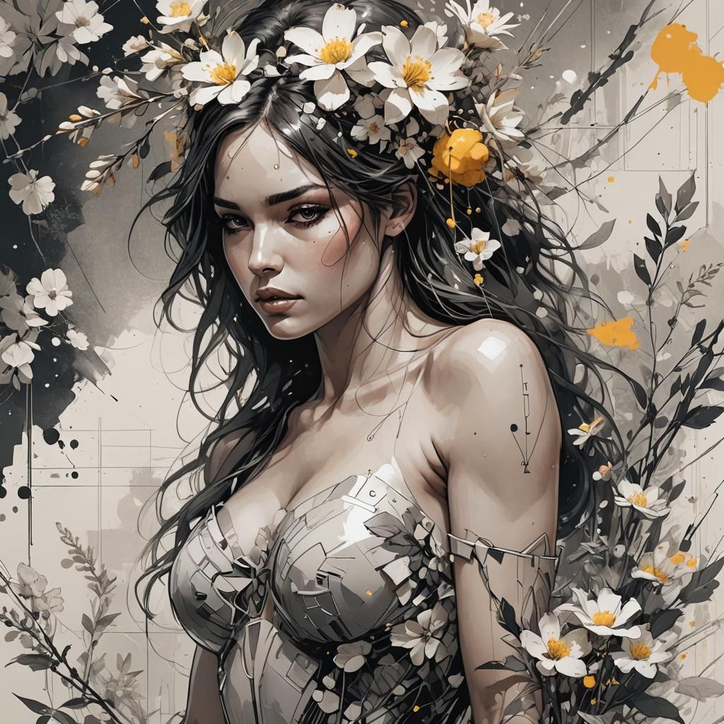 Nude and Mimosa Flowers: Technical Concept Art