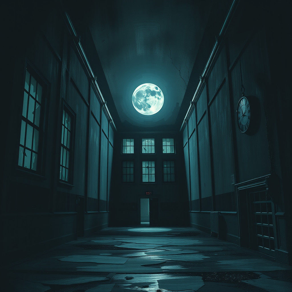 Eerie Abandoned School Wing in Moonlight