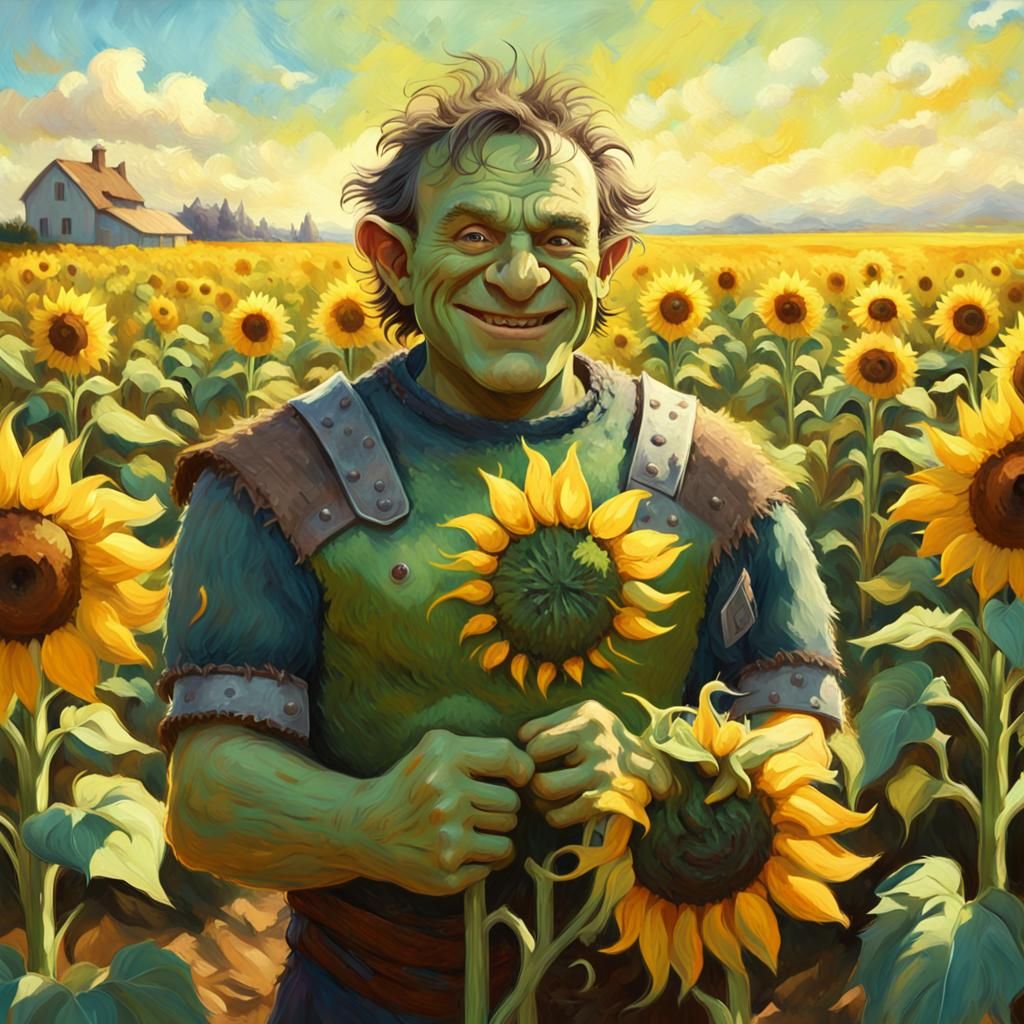 Green Orc in Sunflower Field: Impressionist Portrait