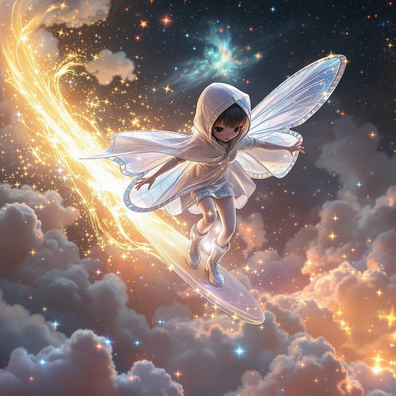 Kawaii Hoover Surfer Dances on Cosmic Wave of Golden Light