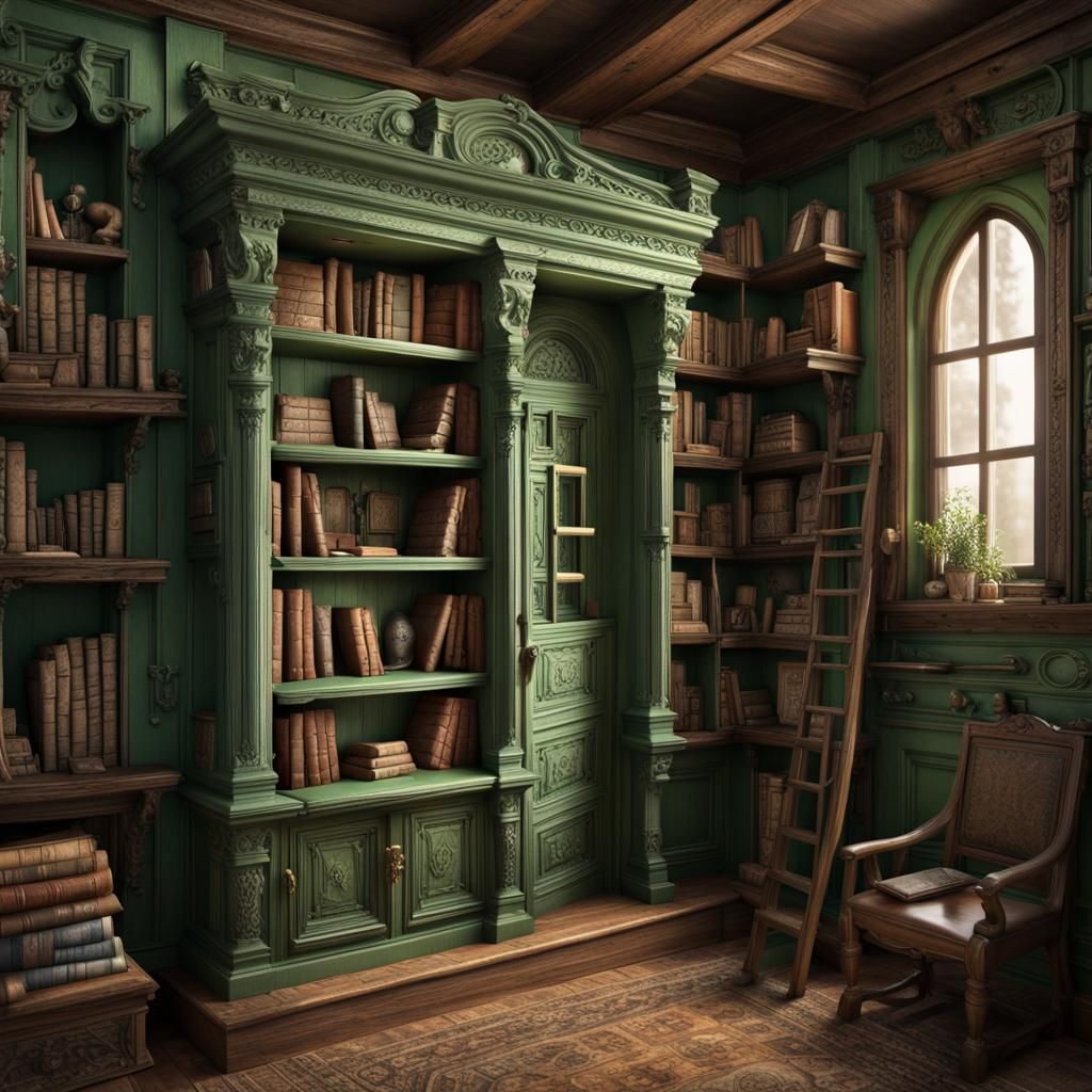 Magical Bookshelf with Miniature Worlds: Photorealistic Conc...