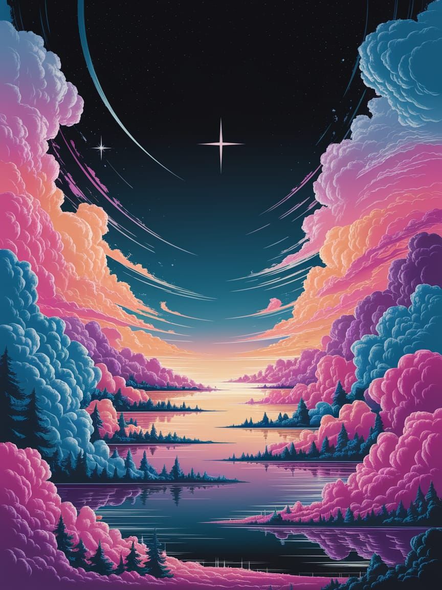 Ethereal Landscape with Swirling Clouds and Bold Colors