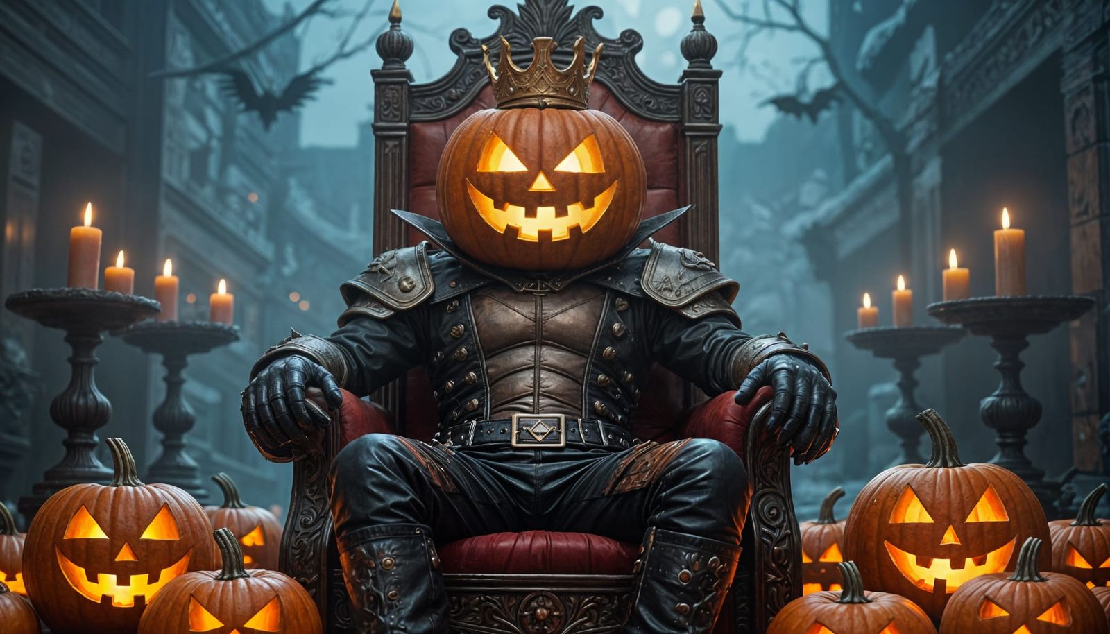 Pumpkin King on Throne with Fiery Eyes