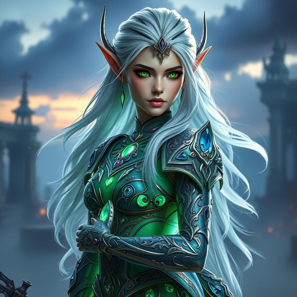 Majestic Elf Warrior in a Ruined Cityscape