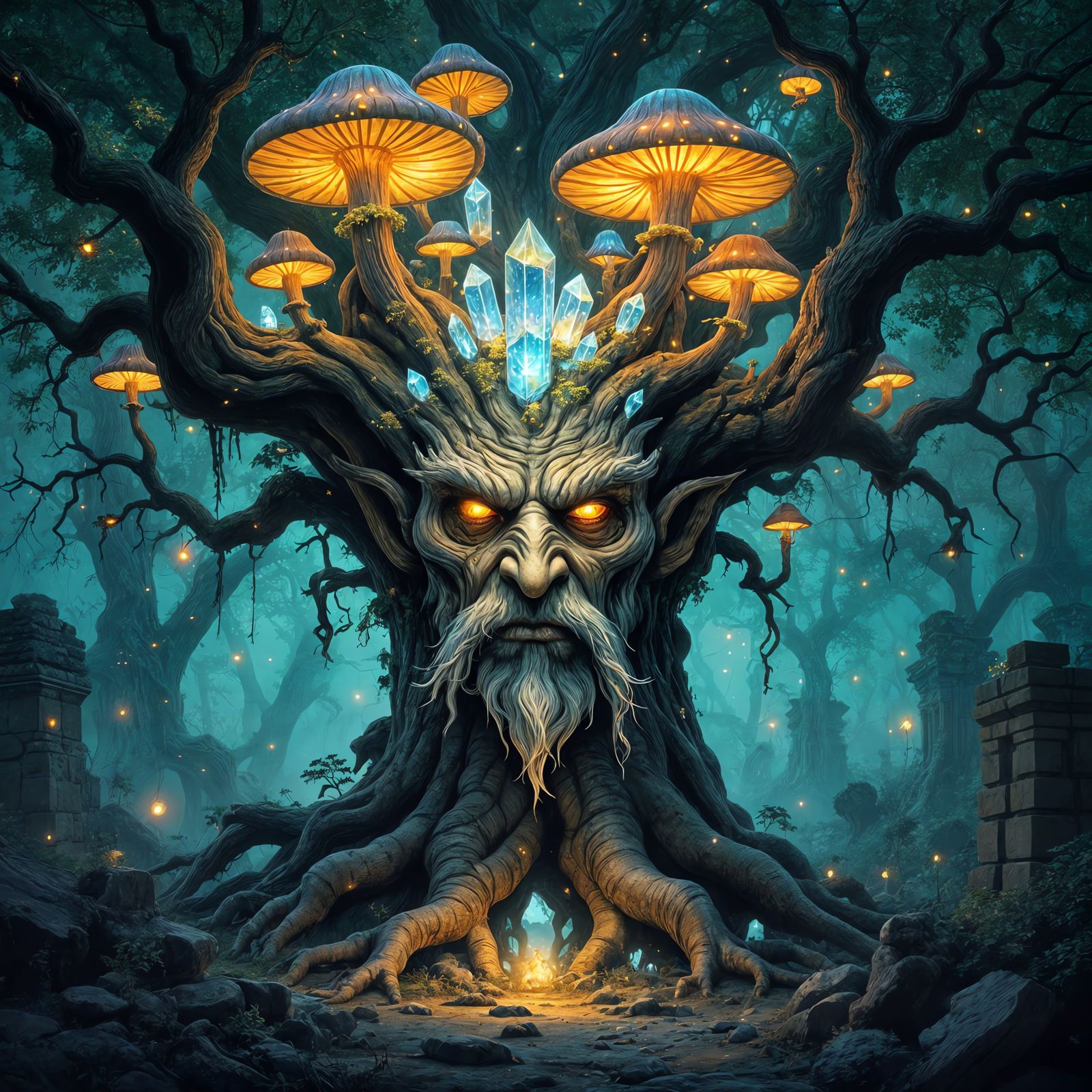 Ancient Oak with Mushroom Crown in Mystical Forest