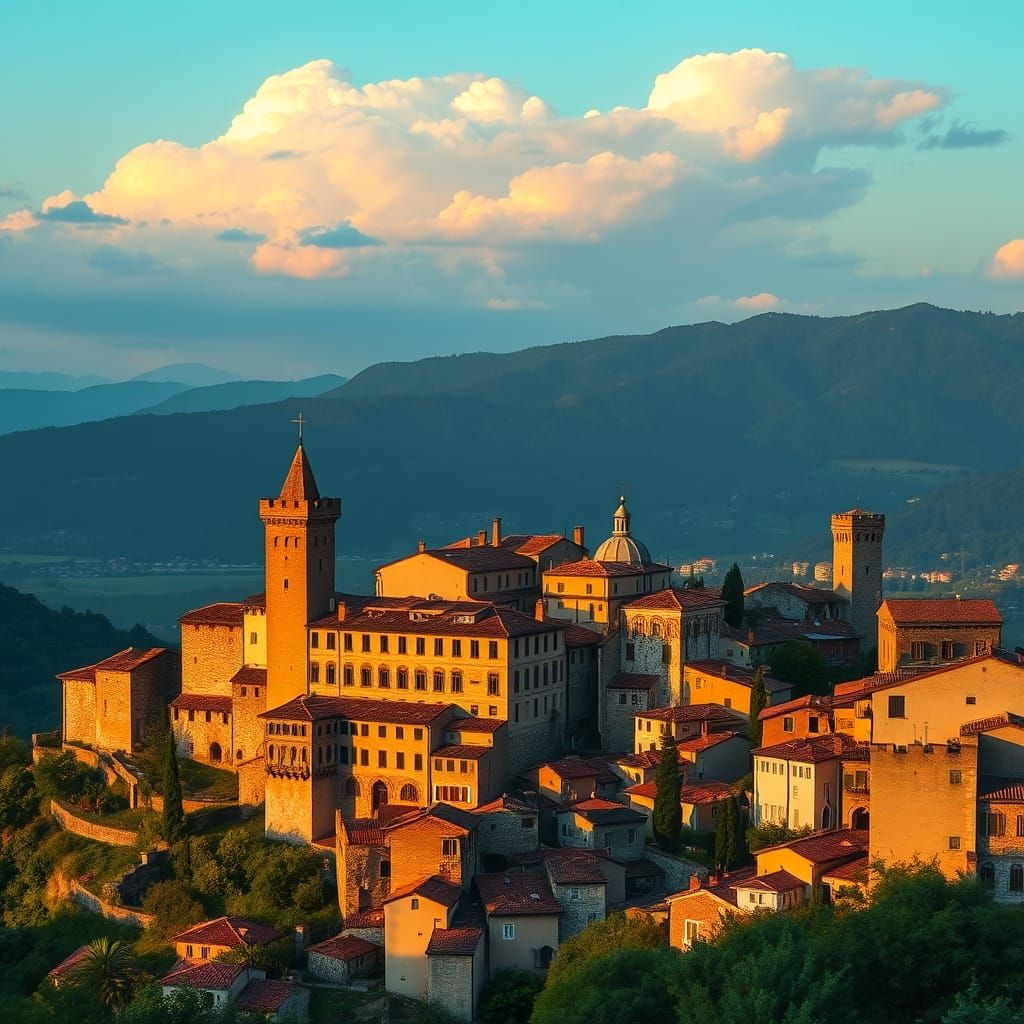 Italian Hilltop Village in Warm Golden Light