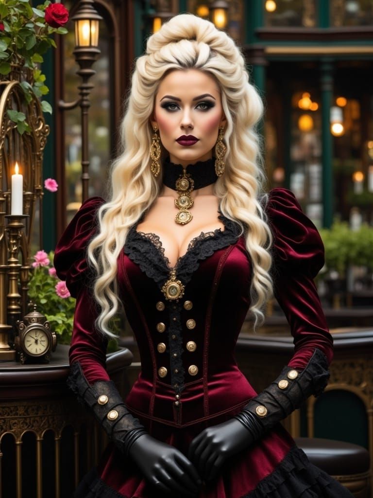 Elegant Steampunk Lady in Victorian Botanic Garden