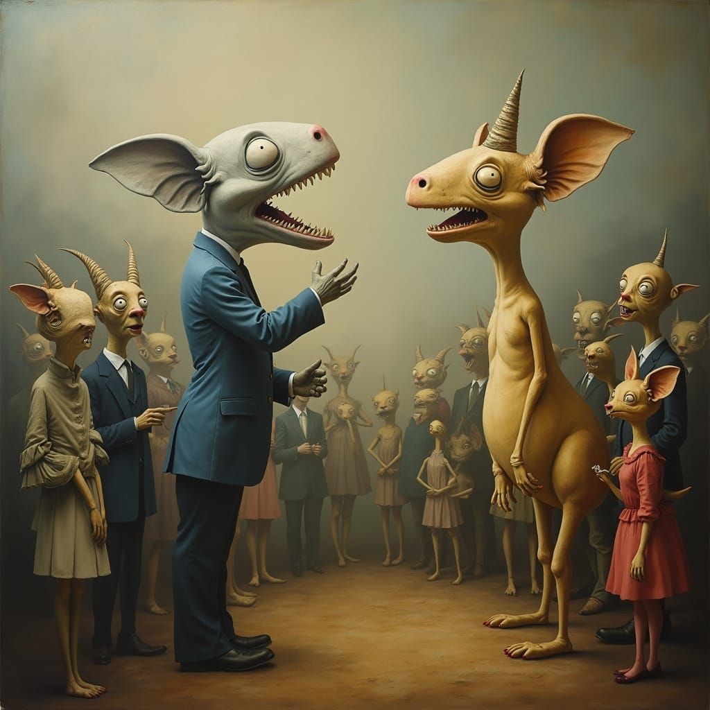 Surreal Tenor Sings to Dreamlike Audience in Oil Painting St...