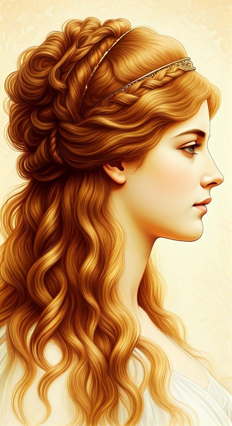 Regal Woman in Sunset Hues, Pre-Raphaelite Inspiration